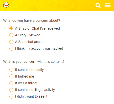Snapchat Support: Report Abuse