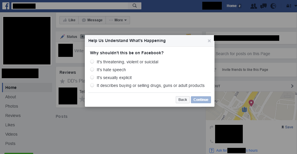 facebook report options
